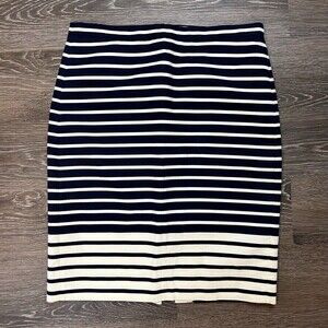 J. Crew Pencil Skirt Navy Blue Ivory Stripped Modest Knee Length Size 8 EUC